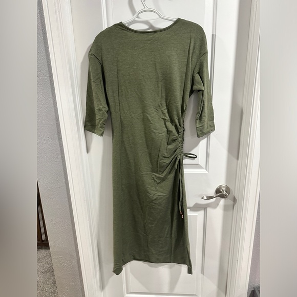 NWT A New Day Three Quarter Sleeve Olive Heather Ruched Tie Waist Dress - Picture 5 of 13